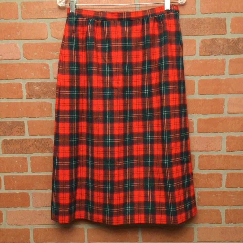Vintage Pendleton Women's Red Plaid Midi Skirt Lennox Tartan Virgin Wool Schoolg